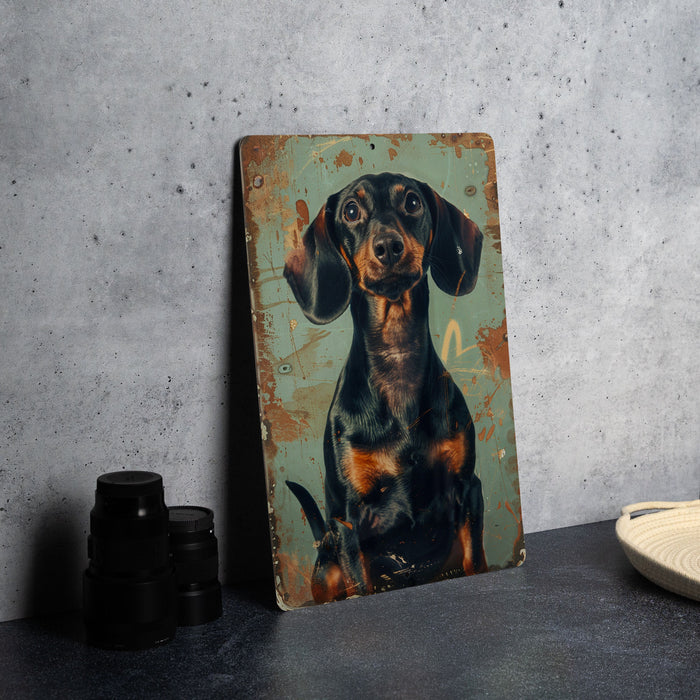 a painting of a dachshund sitting on a table