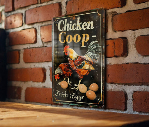 a chicken coop sign on a brick wall