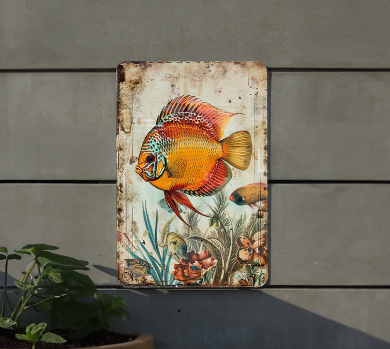 a painting of a fish on a wall next to a potted plant