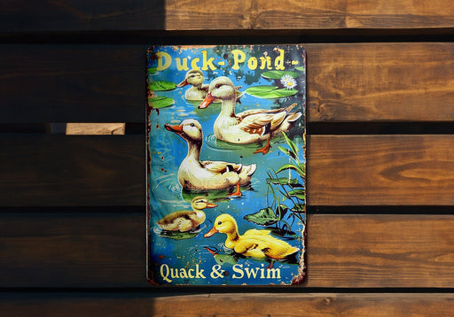 a duck pond book sitting on top of a wooden bench