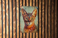 a picture of a cat on a wooden wall