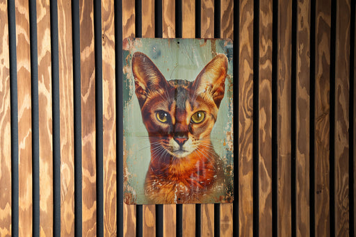 a picture of a cat on a wooden wall