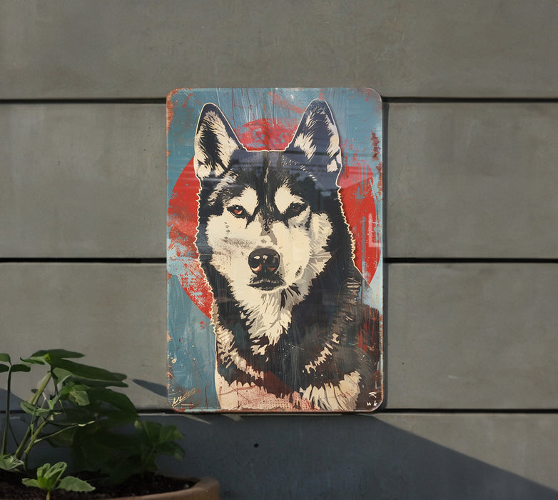 a painting of a dog on a wall next to a potted plant