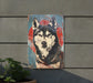 a painting of a dog on a wall next to a potted plant