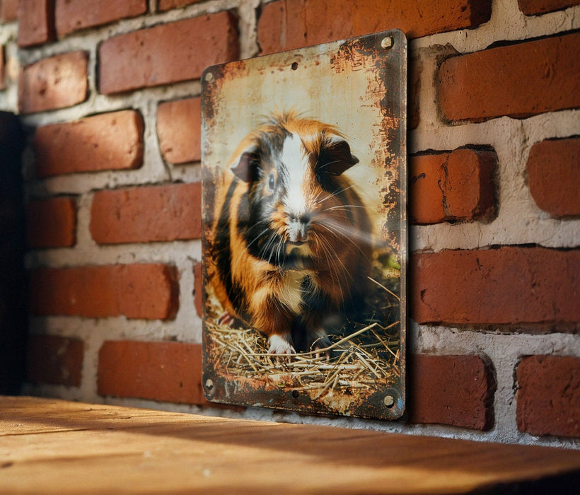 a picture of a cat is hanging on a brick wall
