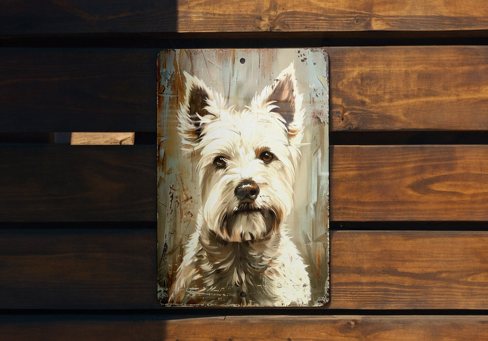 a painting of a white dog on a wooden bench