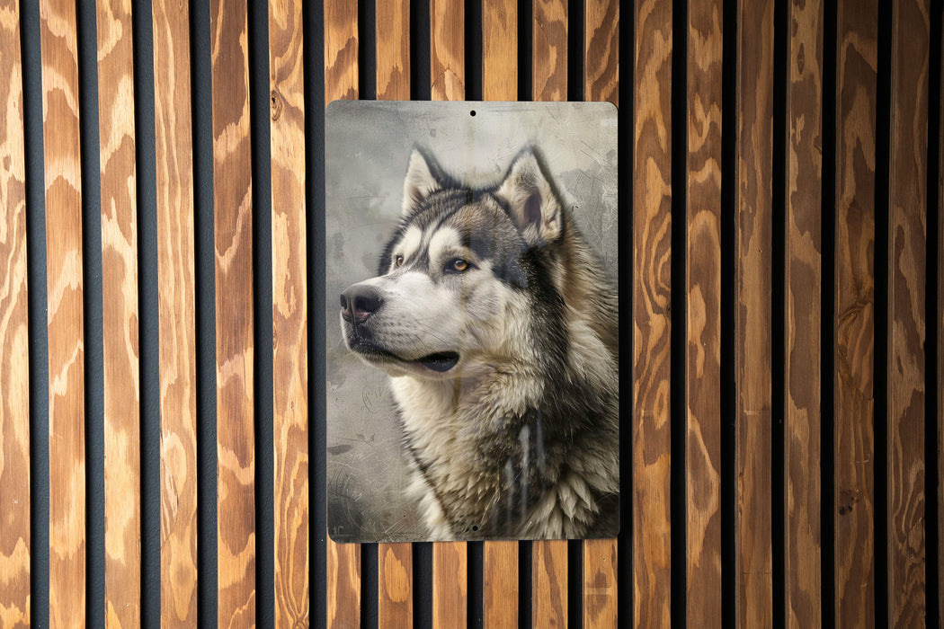 a picture of a husky dog hanging on a wooden wall