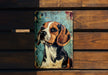 a picture of a dog on a wooden bench