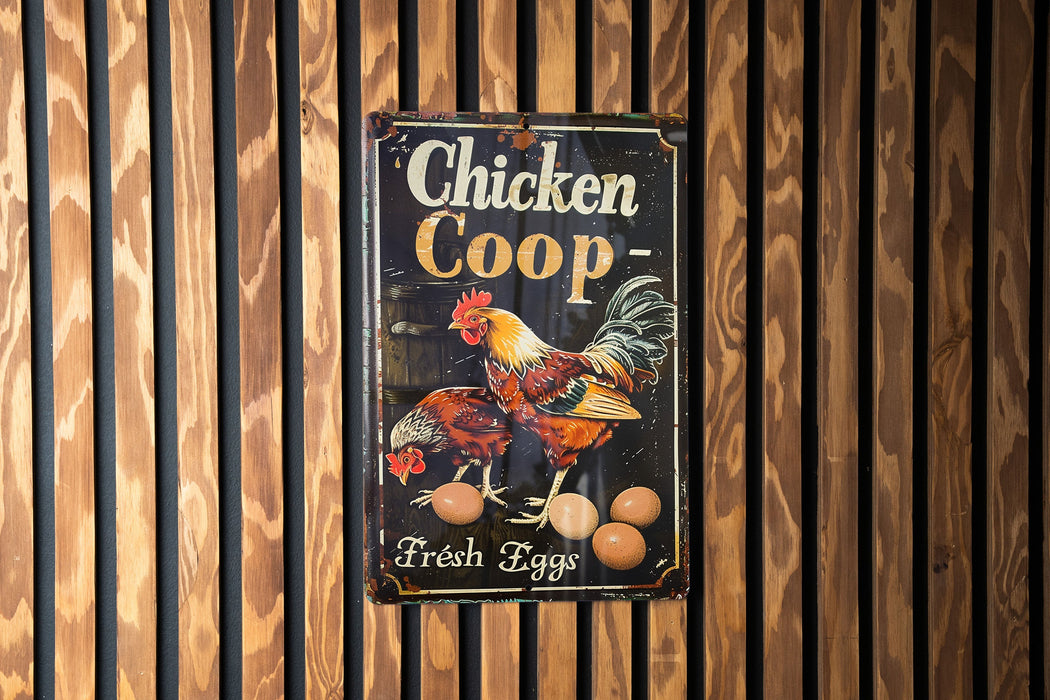 a chicken coop sign hanging on a wooden wall