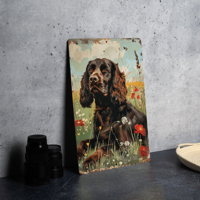 a painting of a dog sitting in a field of flowers