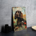 a painting of a dog sitting in a field of flowers