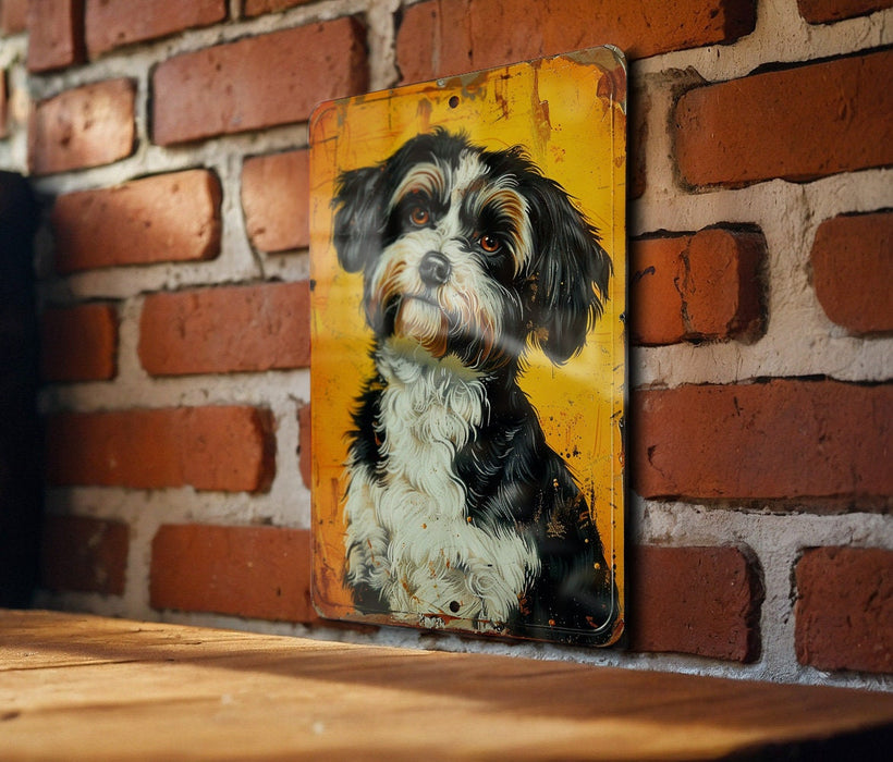 a picture of a black and white dog on a yellow sign