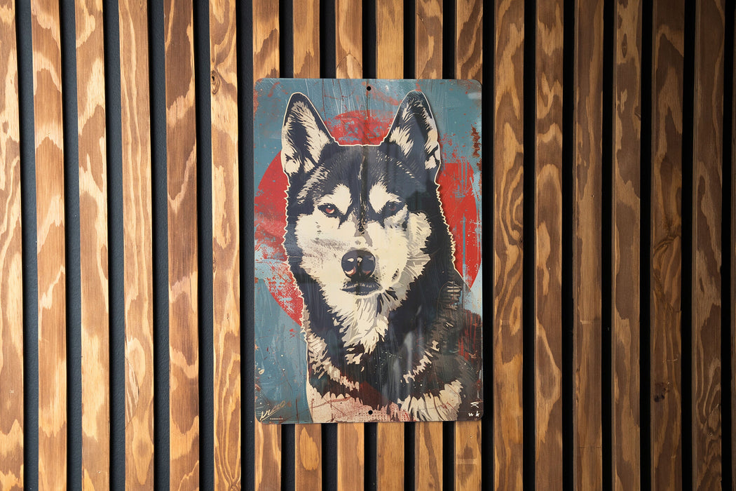 a painting of a dog on a wooden wall