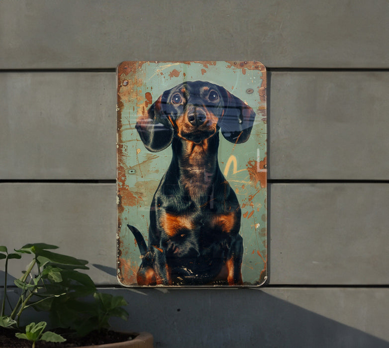 a metal sign with a picture of a dog on it