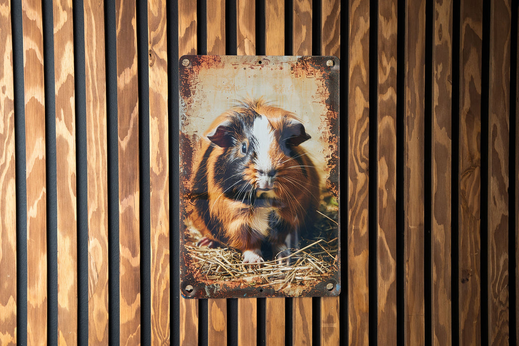 a picture of a guinea pig hanging on a wooden wall