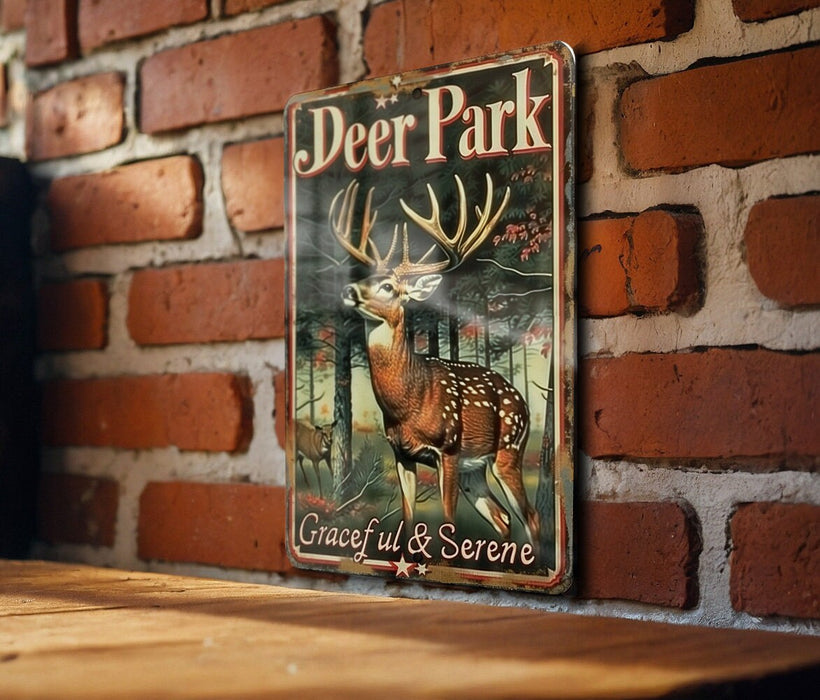 a deer park sign mounted on a brick wall
