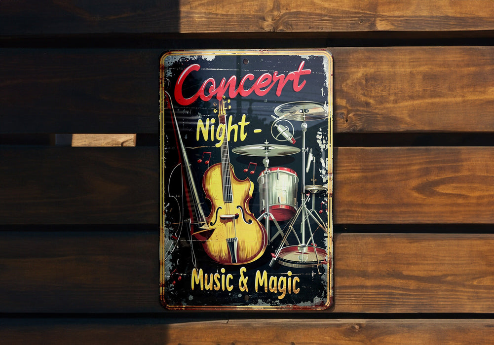 a metal sign on a wooden wall that says concert night music and magic