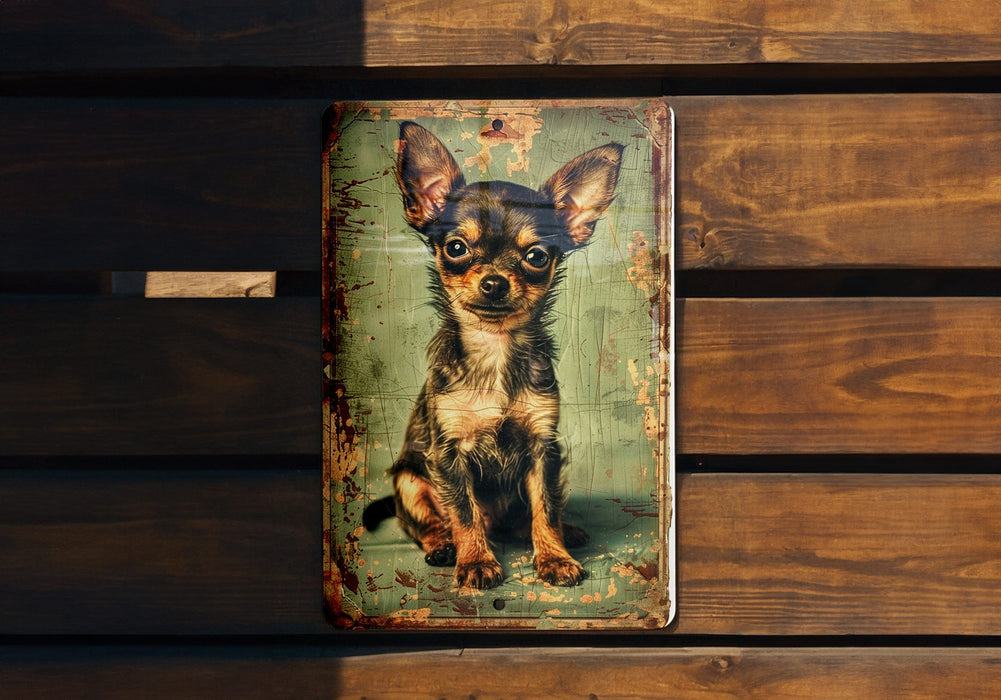 a picture of a small dog is hanging on a wooden wall