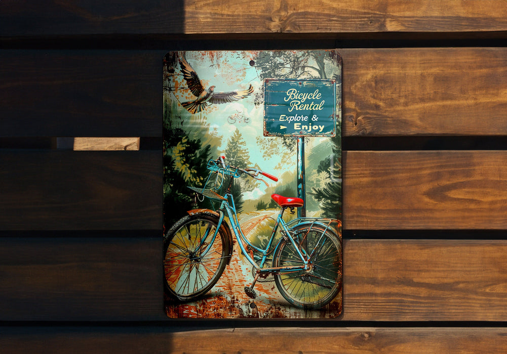 a picture of a bicycle on a wooden bench