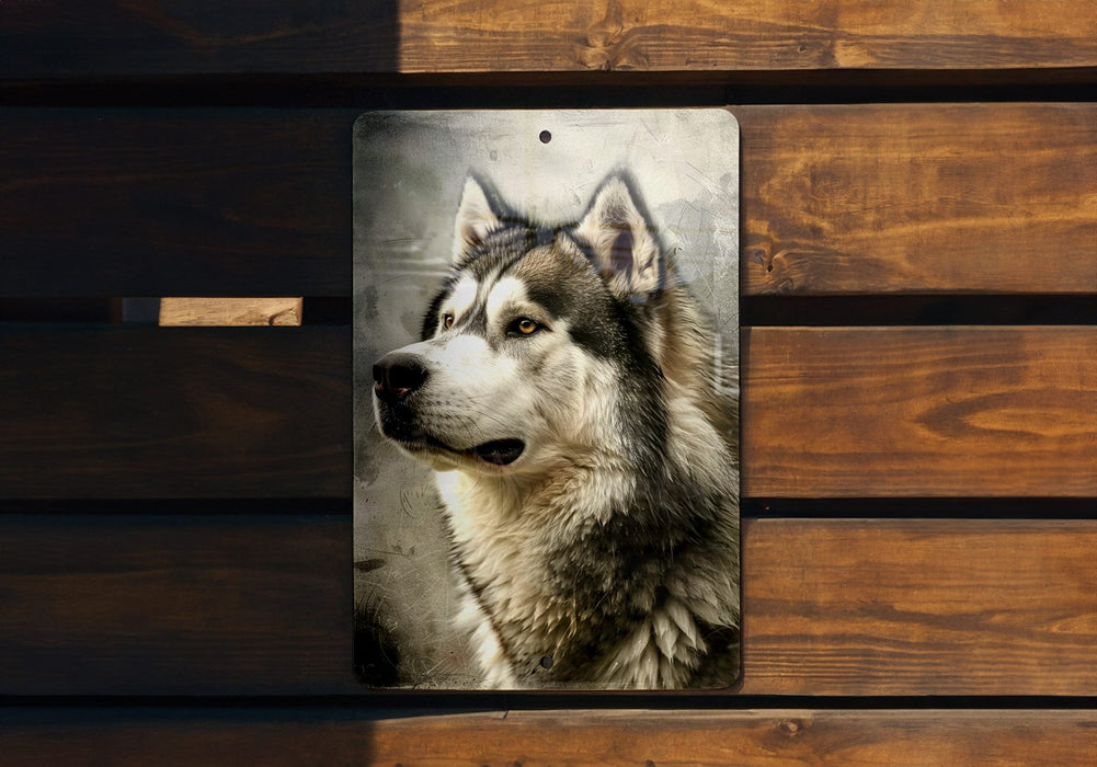 a picture of a dog on a metal plaque