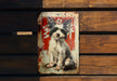 a sign with a dog on it on a wooden wall