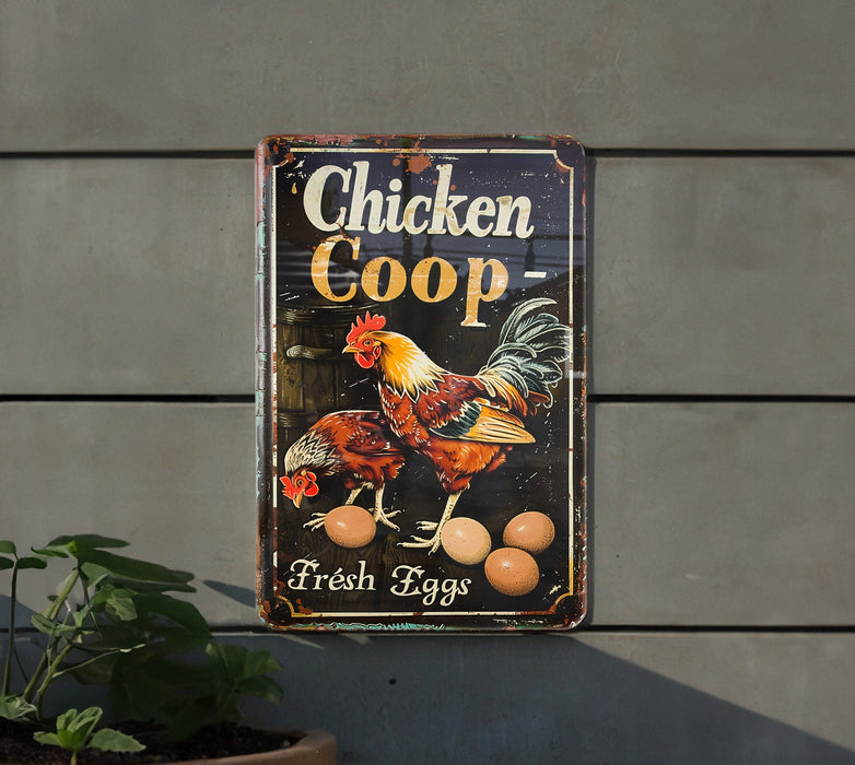 a chicken coop sign hanging on the side of a building