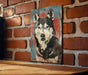 a picture of a dog on a brick wall
