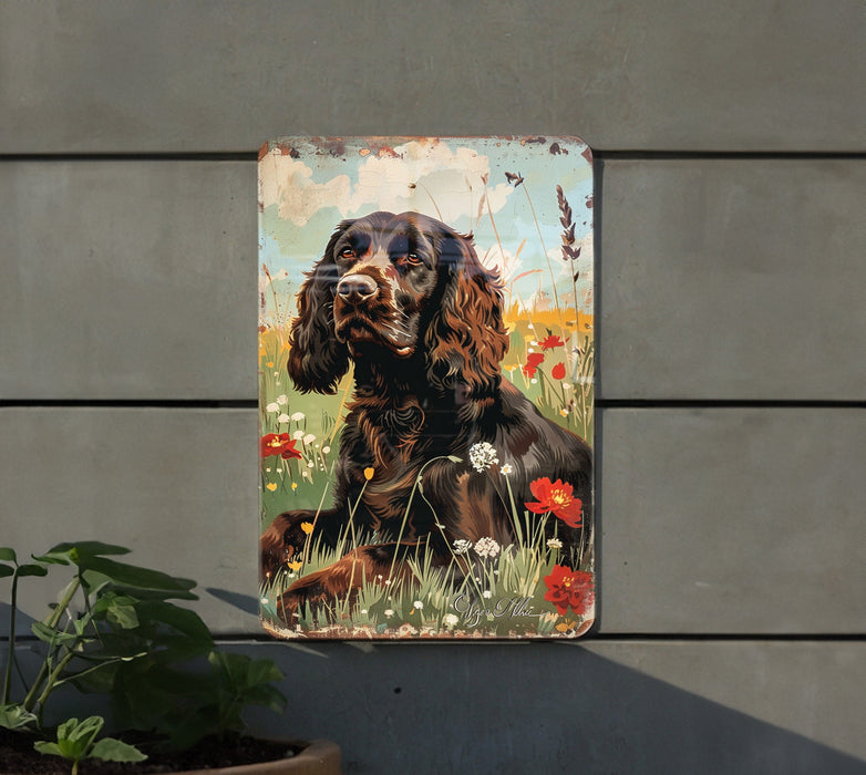 a painting of a dog sitting in a field of flowers