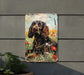 a painting of a dog sitting in a field of flowers