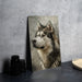 a picture of a husky dog on a table