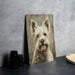 a painting of a white dog on a wooden panel