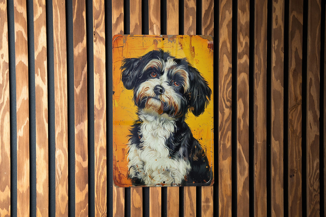 a painting of a black and white dog on a yellow background