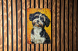 a painting of a black and white dog on a yellow background