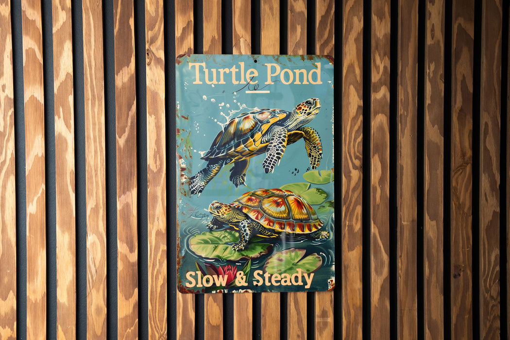 a picture of a turtle pond sign on a wooden wall
