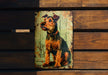 a picture of a dog sitting on a wooden bench