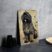 a black and brown dog sitting on top of a table