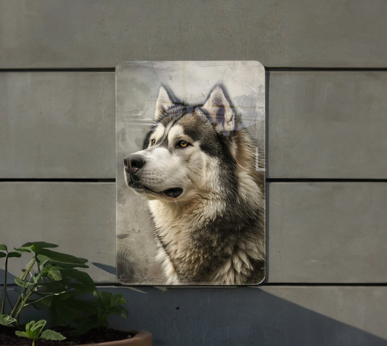 a picture of a husky dog on a mirror