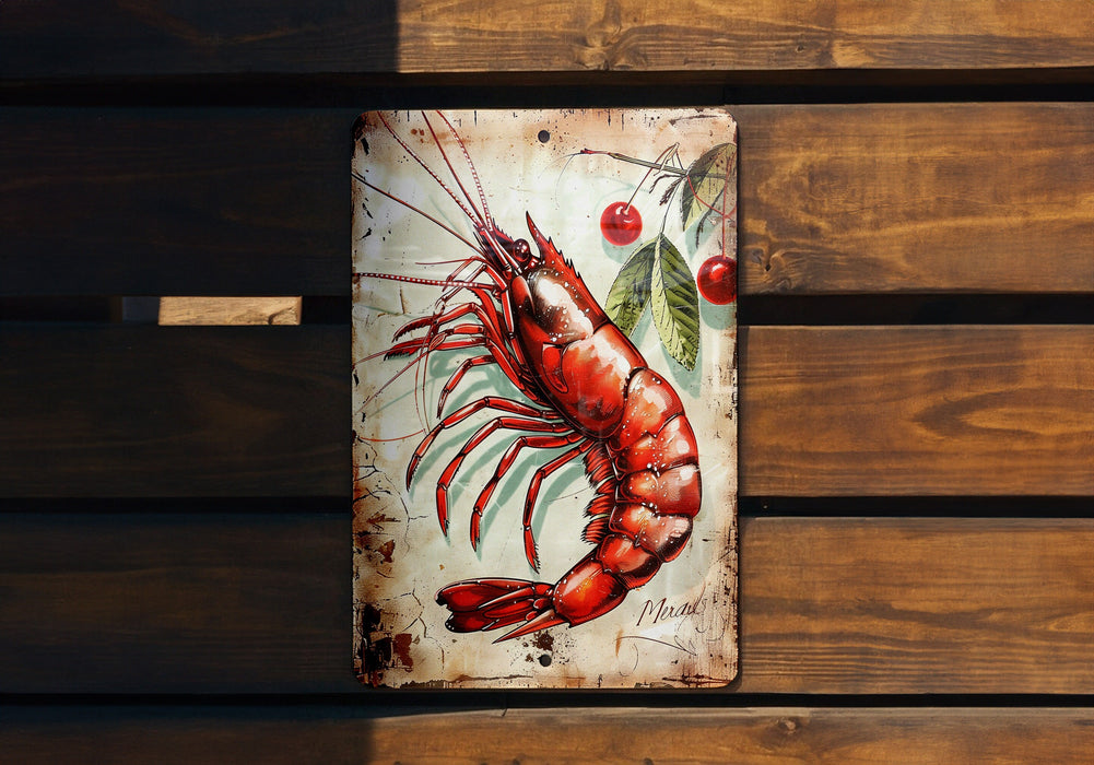 a painting of a lobster on a wooden bench