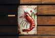 a painting of a lobster on a wooden bench