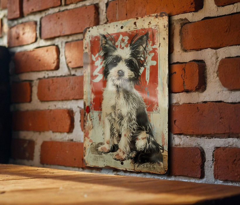 a picture of a dog on a brick wall