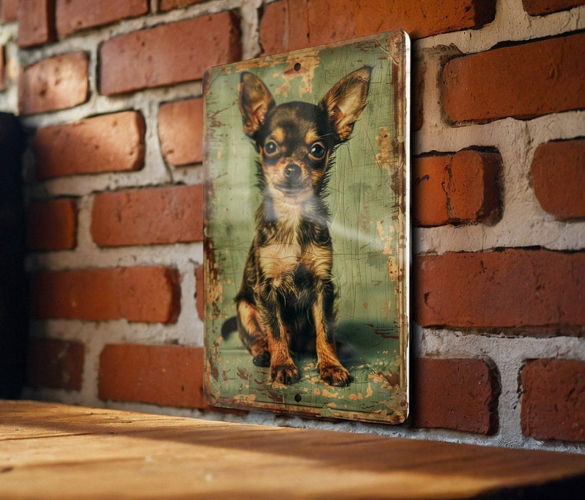 a picture of a small dog on a brick wall