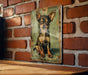 a picture of a small dog on a brick wall