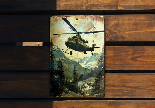 a painting of a helicopter flying over a forest