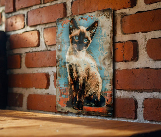 a picture of a siamese cat on a brick wall
