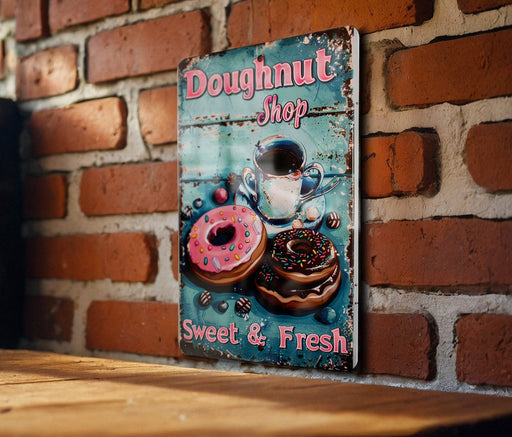 a doughnut shop sign on a brick wall