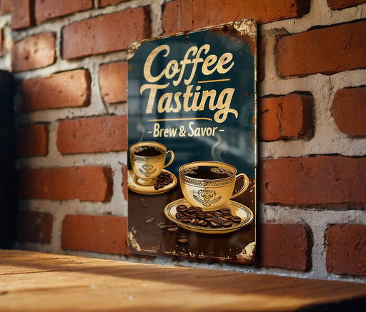 a sign on a brick wall that says coffee tasting