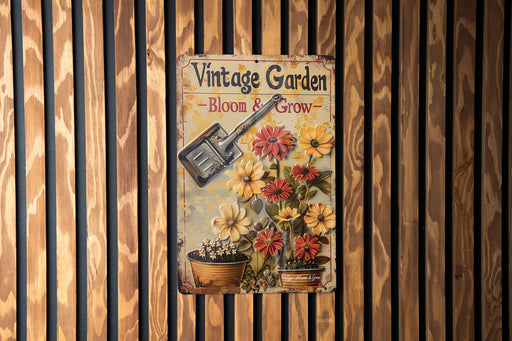 a vintage garden sign hanging on a wooden wall
