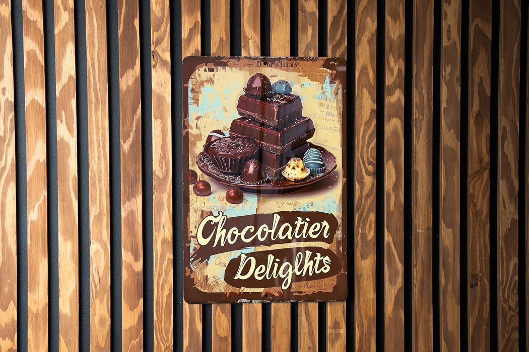 a sign on a wooden wall that says chocolate delights