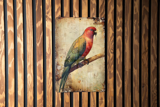 a colorful bird perched on top of a wooden wall