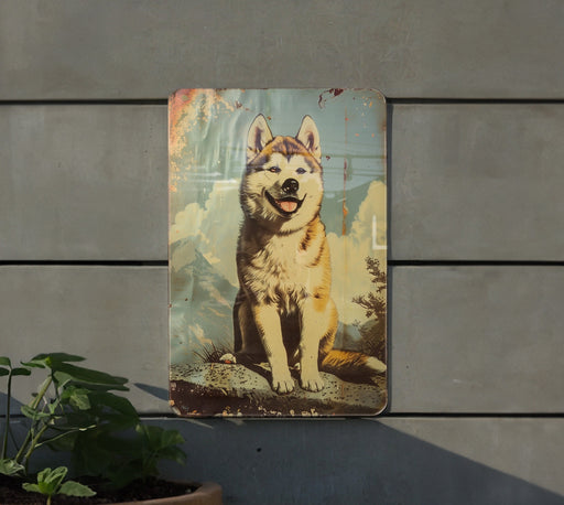 a picture of a dog is hanging on a wall